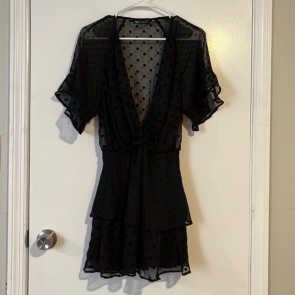 ZARA Black Polka Dot Deep V Neck Mini Dress - Picture 6 of 9